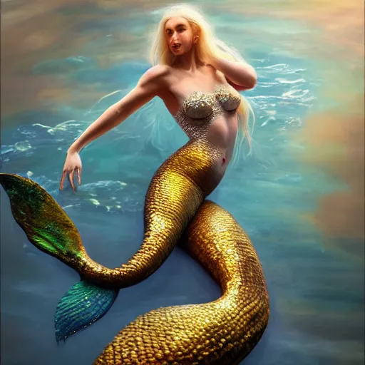 Prompt: full body pose, hyperrealistic mixed media painting of beautiful mermaid, dim volumetric lighting, 8 k, octane beautifully detailed render, extremely hyper detailed, intricate, epic composition, cinematic lighting, masterpiece, trending on artstation, very very detailed, masterpiece, stunning, hdr, smooth, sharp focus, high resolution, award, winning photo, dslr, 5 0 mm