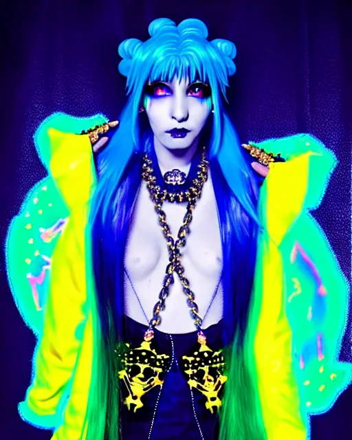 Image similar to baroque bedazzled gothic royalty frames surrounding a hologram of rimuru tempest with sky blue hair and golden yellow eyes, wearing a cybergoth jacket, holography, irridescent