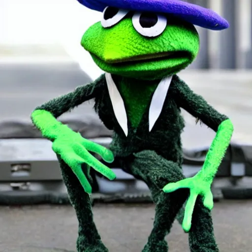 Prompt: kermet the frog from the muppets dressed as a 2000 scene emo