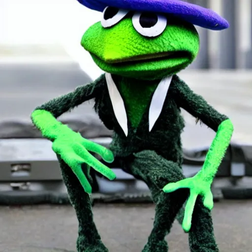 Image similar to kermet the frog from the muppets dressed as a 2000 scene emo