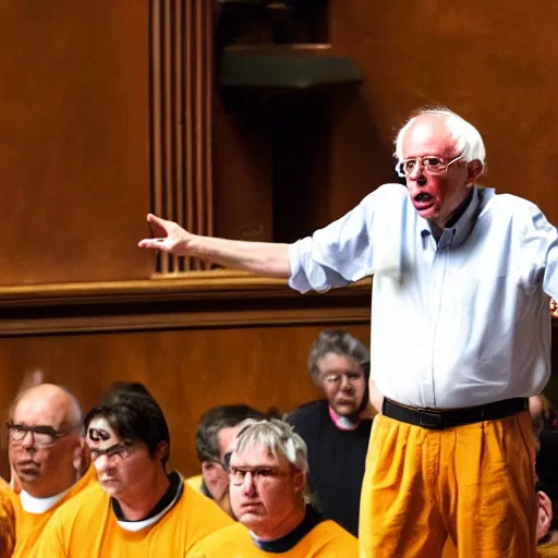 Prompt: Senator Bernie Sanders as Super Saiyan Goku giving a speech in the Senate Chamber