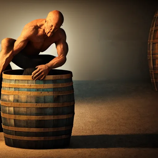 Prompt: diogenes tugging, sitting in a barrel, photorealistic, 3 d model, unreal engine, octane render, ultra quality, eerie lighting, dynamic shadows, 4 k