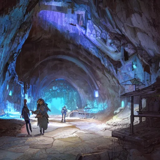 Image similar to concept art painting of inside a historic mine mineshaft cave with blue crystals, realistic, detailed, cel shaded, in the style of makoto shinkai and greg rutkowski and james gurney