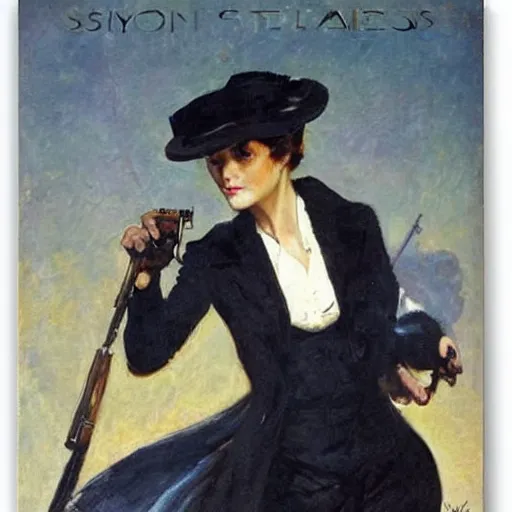 Prompt: action heroine spy by alfred stevens