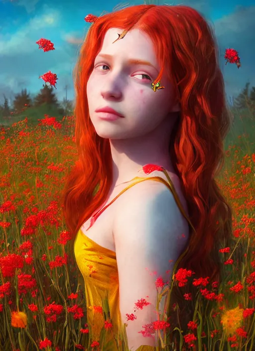 Image similar to An epic fantasy comic book style portrait painting of a young red headed girl with a tiny bright golden bee engraved on her shoulder in a field of flowers , unreal 5, DAZ, hyperrealistic, octane render, cosplay, RPG portrait, dynamic lighting