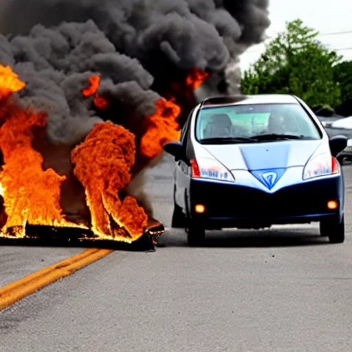 Image similar to ralph nader drives a prius that is on fire