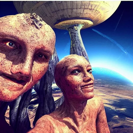 Image similar to “ very very intricate photorealistic photo of our humanoid descendants in the year 2 2 0 0 taking a selfie on their sci - fi planet, award - winning crisp details ”