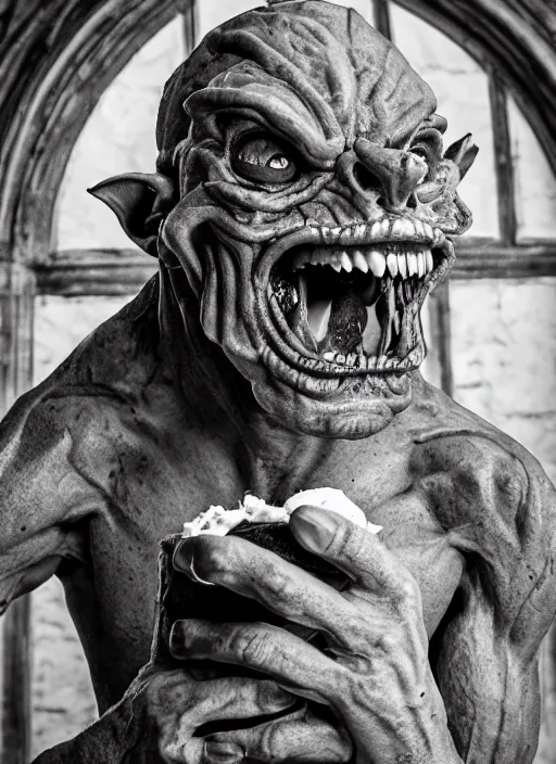 Image similar to closeup profile face portrait of a medieval goblin eating cakes in the cloisters, depth of field, zeiss lens, detailed, symmetrical, centered, fashion photoshoot, by borsch, giger, breathtaking, 8 k resolution, extremely detailed, beautiful, establishing shot, artistic, hyperrealistic, beautiful face, octane render