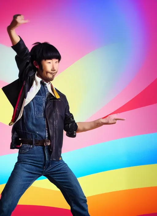 Image similar to japanese man with short hair and a beard wearing short denim and leather clothes dancing next to a rainbow, full body portrait, dynamic lighting