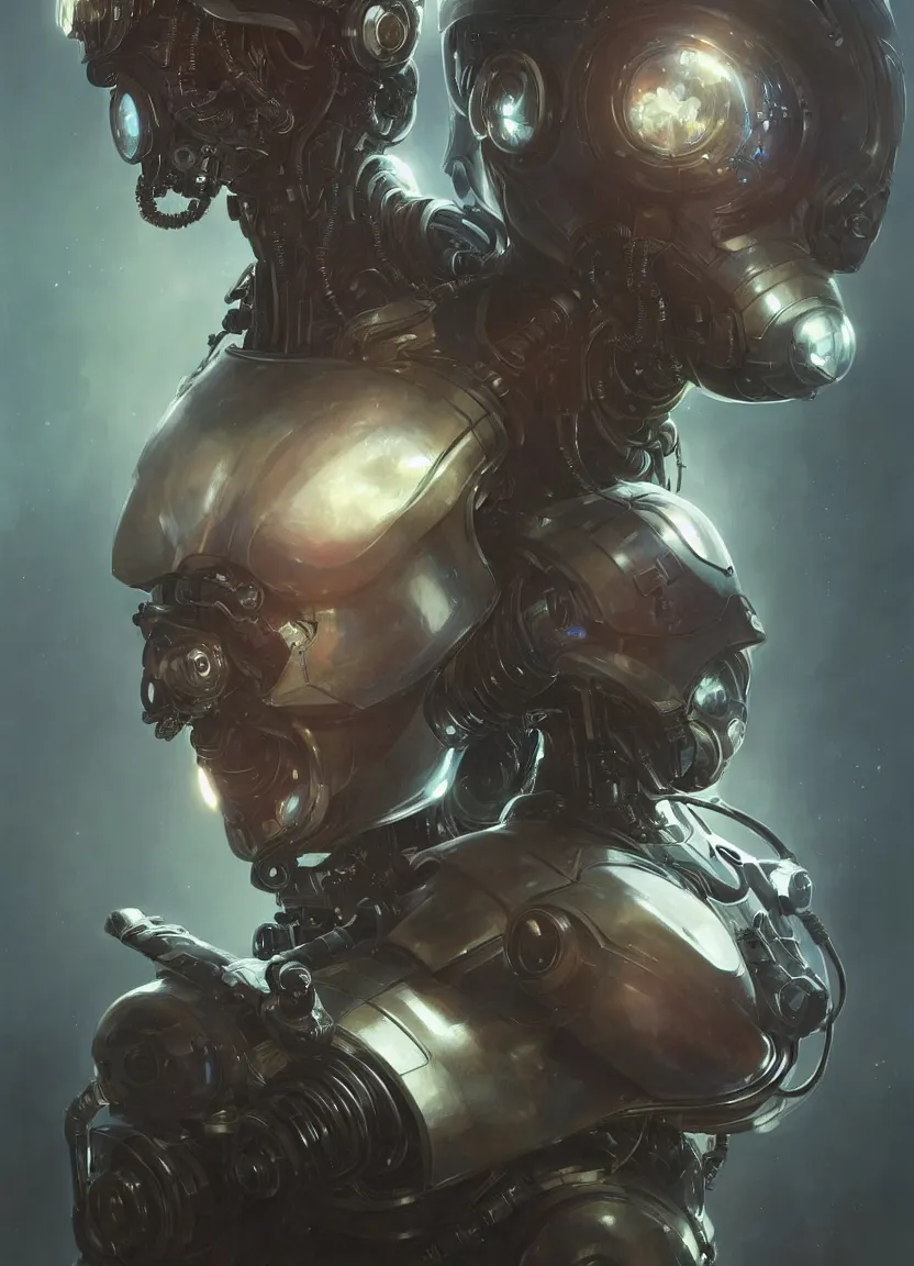 Prompt: cyborg alien bounty hunter with breathing apparatus, intricate, elegant, highly detailed, digital painting, artstation, concept art, matte, sharp focus, illustration, art by artgerm and greg rutkowski and alphonse mucha