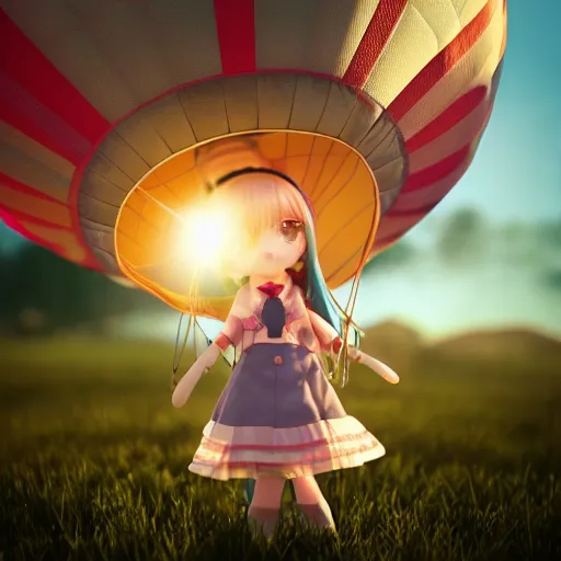 Prompt: cute fumo plush of a girl in a hot air balloon, vray render, lens flare, anime girl