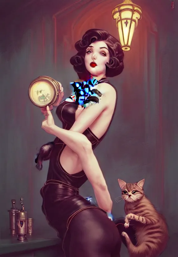 Image similar to Necromancer waitress of a small 50’s style diner holding a cat, fantasy magic, dark pin-up style hair, dark light night, intricate, elegant, sharp focus, illustration, highly detailed, digital painting, concept art, matte, art by WLOP and Artgerm and Greg Rutkowski and Alphonse Mucha, masterpiece