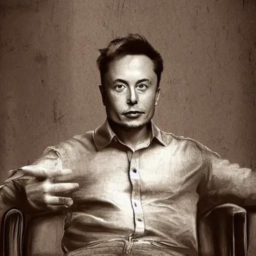 Prompt: elon musk as a cowboy sitting on the chair, digital art