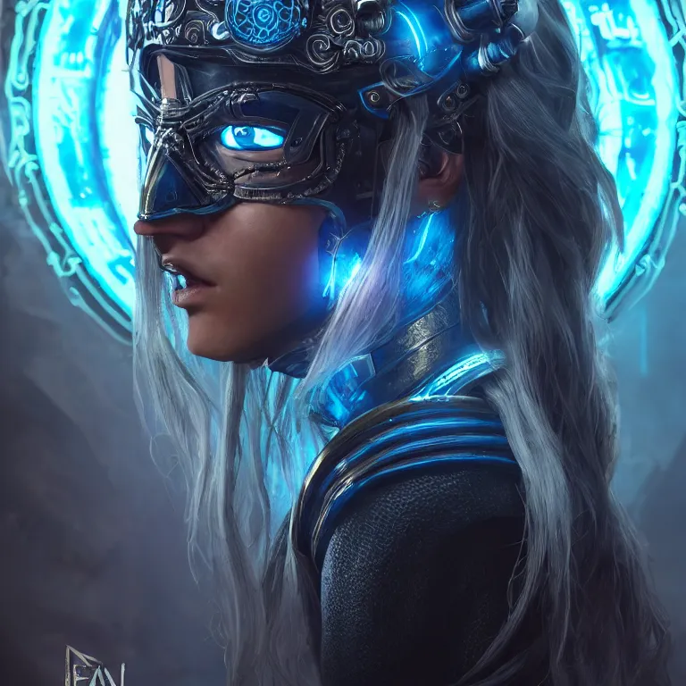 Image similar to beautiful cinematic poster, a cyberpunk female wearing an armored mask and ornate silver pirate hat, brilliant blue flowing hair, beautiful glowing eyes, wideshot ultrawide angle epic scale, hybrid from the elden ring and art direction by darius zawadzki, wayne reynolds artstation ; cinematic quality character render ; low angle ; ultra high quality model, quality cinema model