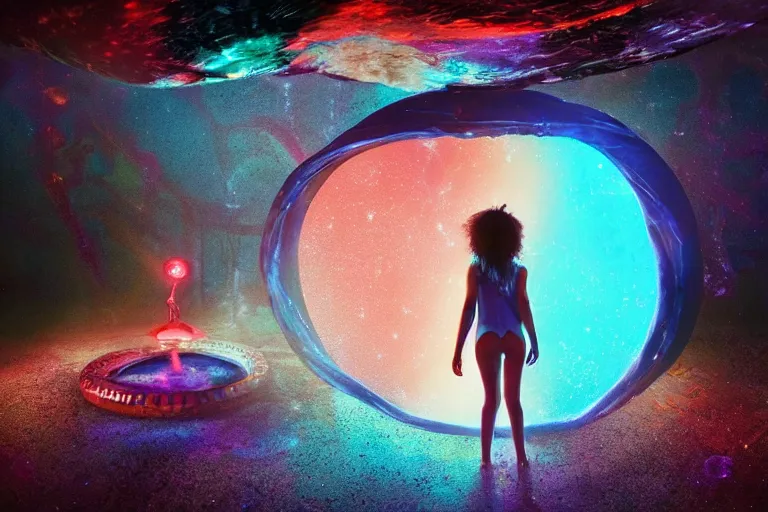 Image similar to girl emerging from a space portal in cyberspace, in 1 7 6 7, cutecore clowncore, bathed in the the glow, alien castle in background, low - light photograph, in style of tyler mitchell