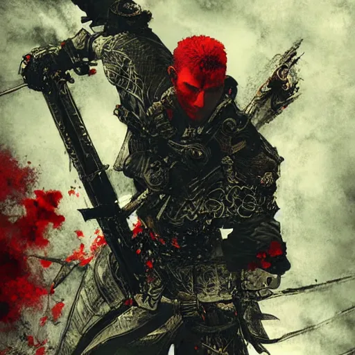 Prompt: the last red warrior , Artwork by Akihiko Yoshida
