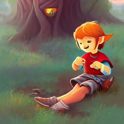 Image similar to cute little boy character inspired in little hood red and link from legend of zelda, digital artwork made by lois van barlee and rhads