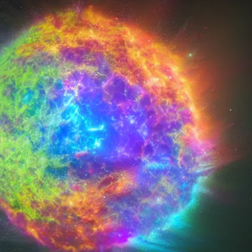 Image similar to ultrarealistic rainbow supernova, intricate details, hyper realistic, 4 k uhd, unreal engine 5, ray tracing, ultrawide shot, hyper detailed, digital art, trending in artstation, cinematic lighting, studio quality, smooth render