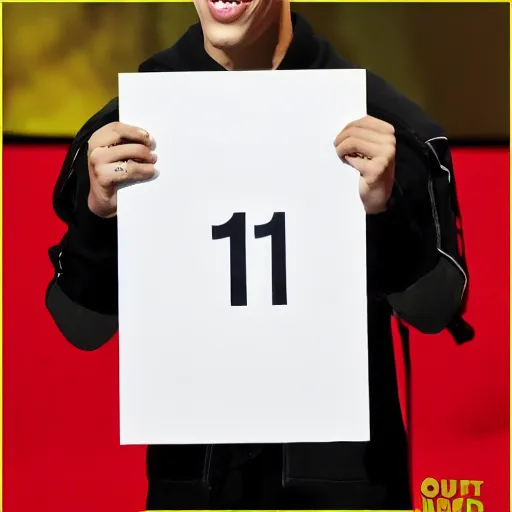 Image similar to pete davidson holding up a card that says 1 1 1 1 1 1 1 1 1