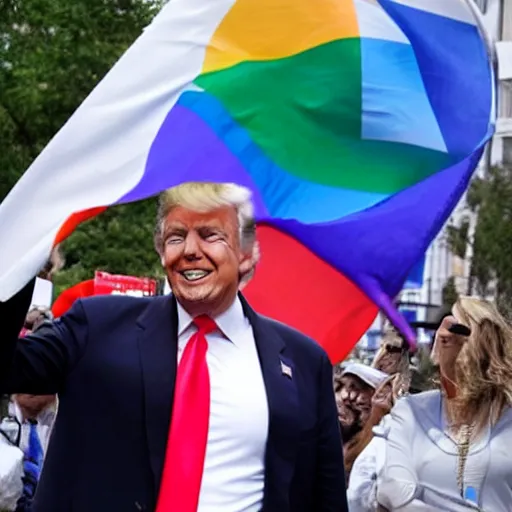 Image similar to photograph of donald trump wearing a trans flag suit at a pride parade