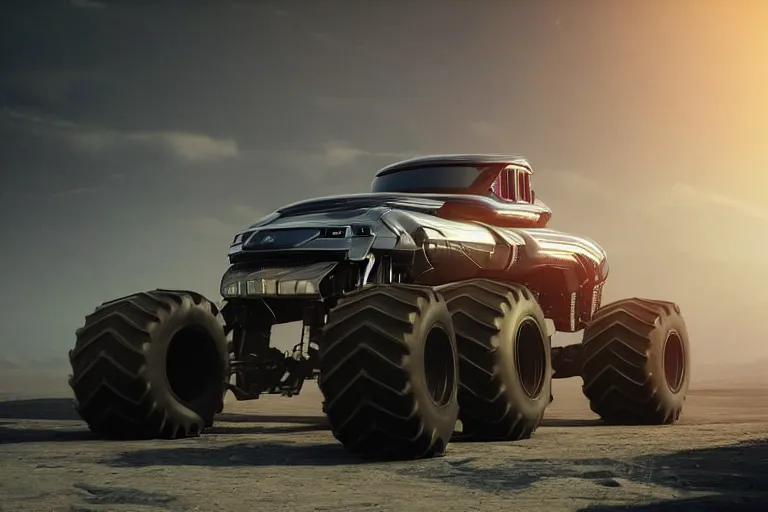 Image similar to still photo of a futuristic monster truck, highly detailed, photorealistic portrait, bright studio setting, studio lighting, crisp quality and light reflections, unreal engine 5 quality render