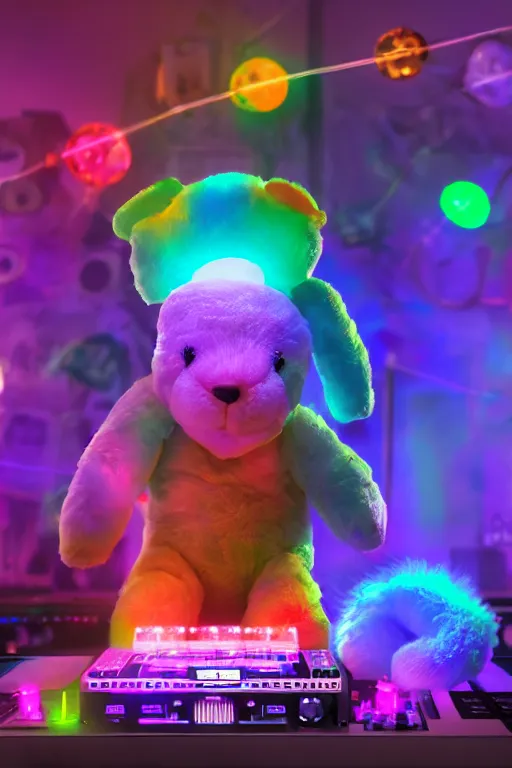 Image similar to stuffed animal DJ at a rave, glowsticks, dramatic lighting, cinematic, establishing shot, extremely high detail, foto realistic, cinematic lighting, post processed, concept art, high details, cinematic, 8k resolution, beautiful detailed, photorealistic, digital painting, artstation, concept art, smooth, sharp focus, artstation trending, octane render, unreal engine