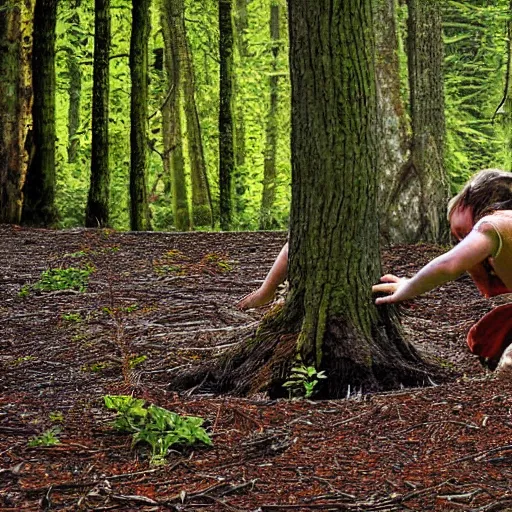 Prompt: woodland photograph of faceless demands crawling out of a hole in reality