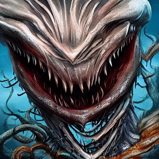 Prompt: terrifying sea creature, big teeth, ominous, scary, realistic, digital art, trending on artstation