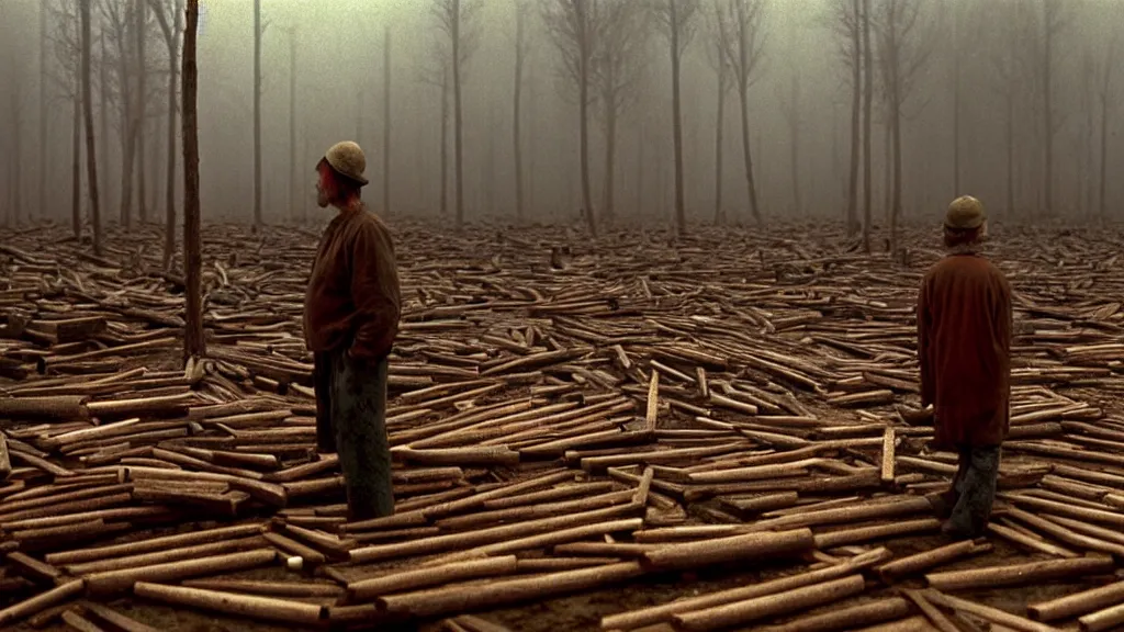 Image similar to a man working in a wood factory made of wood, film still from the movie directed by wes anderson with art direction by zdzisław beksinski and m. c. escher, wide lens