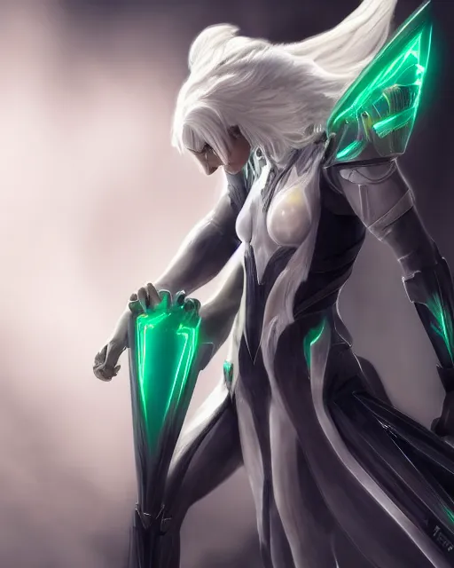 Image similar to perfect white haired attractive egyptian god, warframe armor, beautiful, symmetric, dreamy, half asian,, green eyes, charlize theron, detailed, scifi platform, laboratory, experiment, 4 k, ultra realistic, epic lighting, android body, illuminated, cinematic, masterpiece, art by akihito tsukushi, voidstar