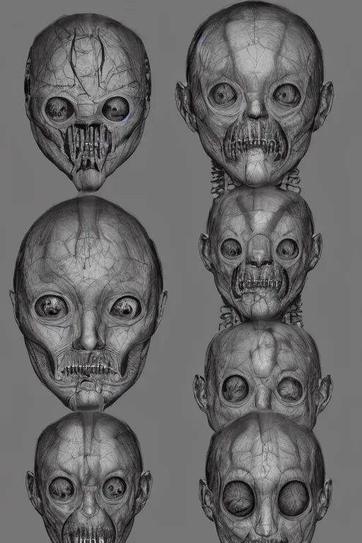 Prompt: facial anatomy with gunmetal grey skin, medical anatomy, very symmetrical face, highly detailed, three - perspective / three - view reference sheet ( front / back / side ), in the style of dan ouellette, steven jung, amanda lilleston, hr giger, sil from species, dren from splice, mecha, artstation, unreal engine