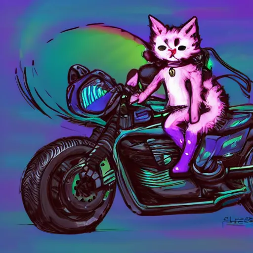 Image similar to wide angle full body, jacket wearing fluffy cute rainbow kitten wearing a black leather motorcycle jacket, riding on a motorcycle, cinematic concept art