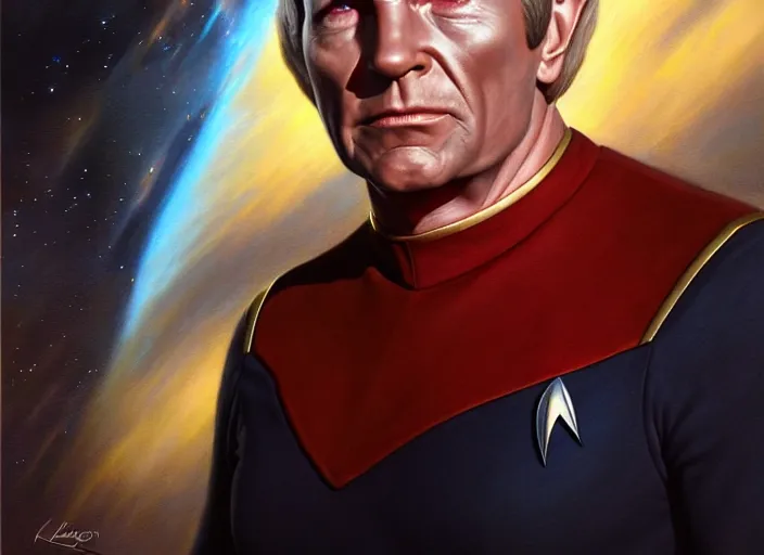 Prompt: portrait shot of a evil captain kirk in star trek, realistic, professionally, professionally color graded, intricate, elegant, highly detailed, centered, digital painting, artstation, concept art, smooth, sharp focus, illustration, artgerm, tomasz alen kopera, peter mohrbacher, donato giancola, joseph christian leyendecker, wlop, boris vallejo