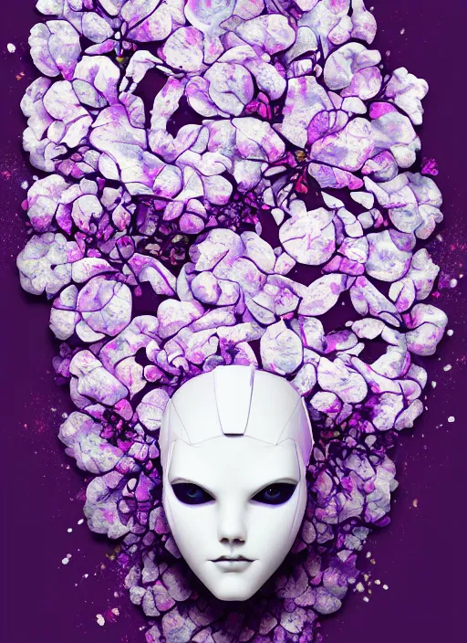 Prompt: a painting by artgerm of a 3 d white robot head with flowers growing out, highly detailed, color bleeding, pixel sorting, plain purple background, studio lighting, high contrast, bold composition, abstract paint color splotches