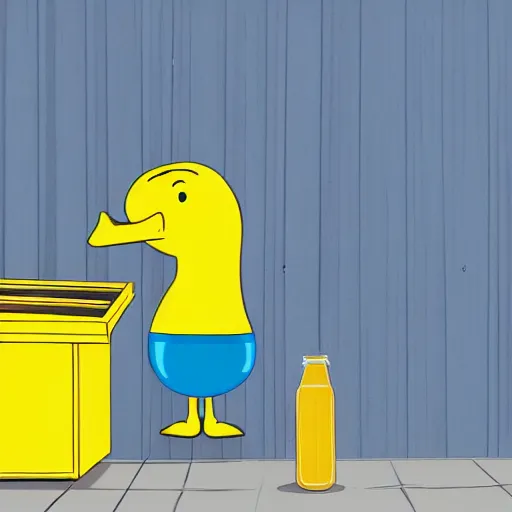 Image similar to a yellow human sized duck standing next to a lemonade stand, cartoon, high resolution