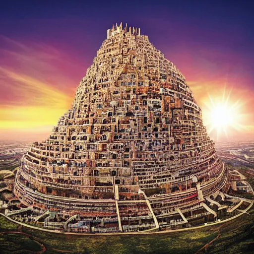 Image similar to The tower of babel made of people standing on top of each other, at the top of the tower there’s a hand that’s reaching for the sun. Wide angle lens, we can see the earth in the frame.