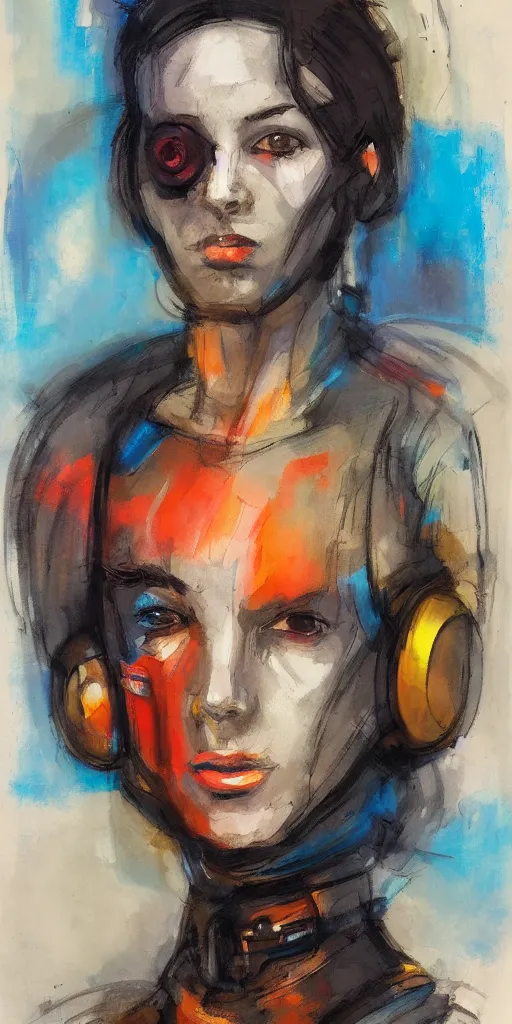 Prompt: abstract expressionist portrait of a space mechanic in the style of frank cho, casey baugh and james jean