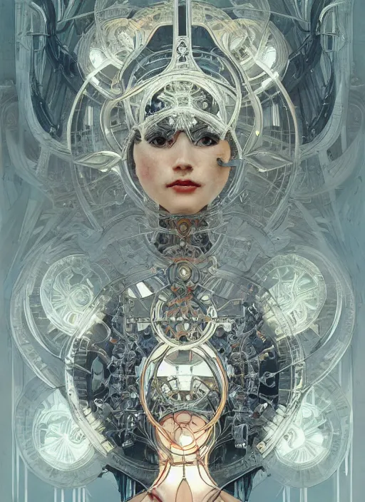 Image similar to mechanical humanoid, masterpiece, intricate, elegant, highly detailed, digital painting, artstation, concept art, smooth, sharp focus, illustration, art by artgerm and greg rutkowski and alphonse mucha and uang guangjian and gil elvgren and sachin teng, symmetry!!, symmetrical, symmetry, mirrored!!!!!