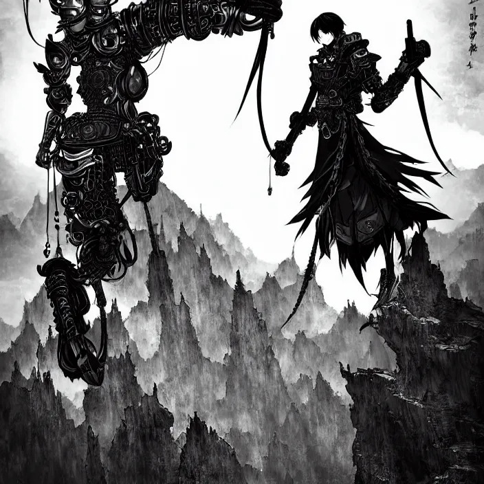 Image similar to a vertical portrait of a manga character in a scenic environment by nihei tsutomu, black and white, dreamy, steampunk armor, highly detailed, render