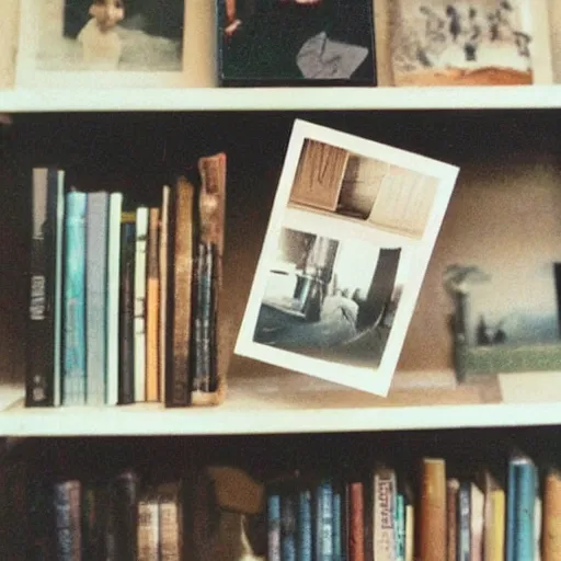 Image similar to a bookshelf full of dust, polaroid photo, perfect photo, photo pinterest