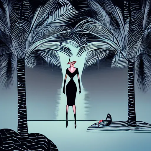 Prompt: A surreal comic noir illustration containing a beautiful woman and Flamingos on a desert beach oasis by Salvador Dali, dark vibes, high contrast, pastel lighting, cinematic, depth of field, 8k