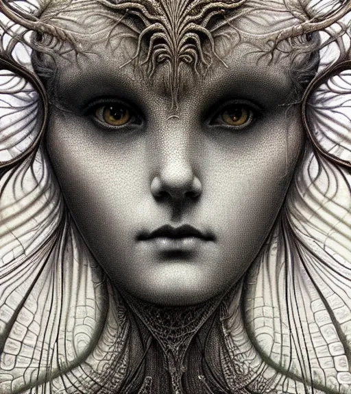 Image similar to detailed realistic beautiful ice goddess face portrait by jean delville, gustave dore, iris van herpen and marco mazzoni, art forms of nature by ernst haeckel, art nouveau, symbolist, visionary, gothic, neo - gothic, pre - raphaelite, fractal lace, intricate alien botanicals, ai biodiversity, surreality, hyperdetailed ultrasharp octane render