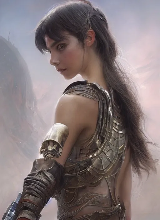 Image similar to a professional portrait of a beautiful young female, clothed in ethereal battle armor, olive skin, long dark hair, beautiful bone structure, symmetrical facial features, intricate, elegant, digital painting, concept art, smooth, sharp focus, finely detailed, illustration, from Valerian and the City of a Thousand Planets, in the style of Ruan Jia and Mandy Jurgens and Artgerm and Greg Rutkowski and William-Adolphe Bouguerea