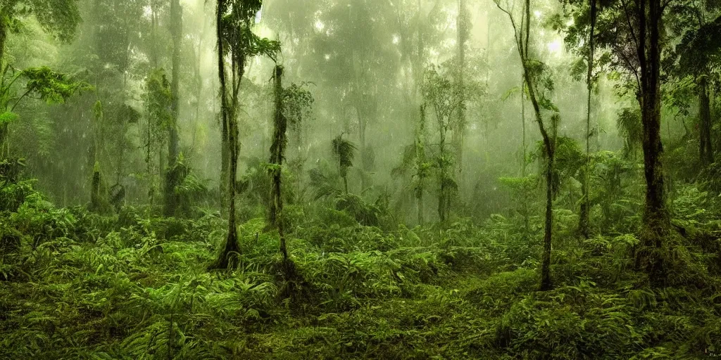 Prompt: ultra wide angle matte painting of a rainy, wet, very green congo forest, majestic!!! beautiful!!!, ethereal!!! ultra realistic, golden hour, volumetric lighting, sharp focus