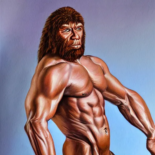 Prompt: a realistic muscular neanderthal man posing for a photoshoot painting, full body