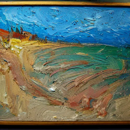 Prompt: oil paint impasto relief, beautiful italian beach scene, multi layered thick brush marks, some splattered paint, in the style of van gogh and frank auerbach and francis bacon
