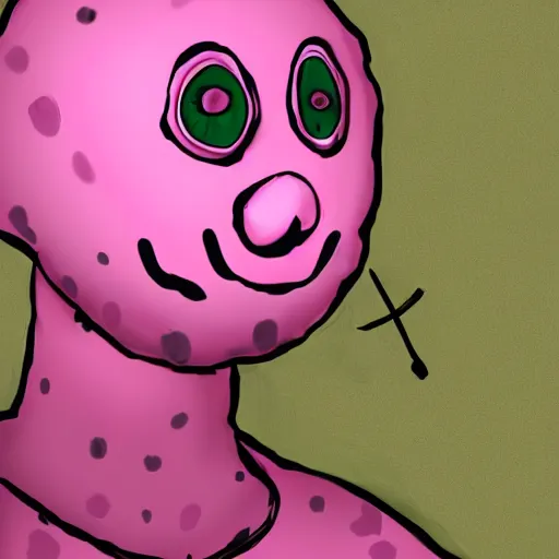 Image similar to high detail concept art of pink Mr Blobby with yellow spots as a Dead by Daylight character, 4k, terrifying, character portrait