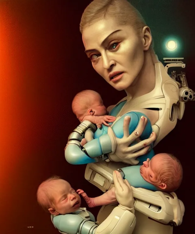 Prompt: realistic detailed photo of futuristic cyborg-madonna holding a newborn baby child in hands by Raphael Santi , artwork by Tooth Wu and wlop and beeple, greg rutkowski. still from a 2021 movie by Terrence Malick, Tarkovsky, Gaspar Noe, James Cameron,