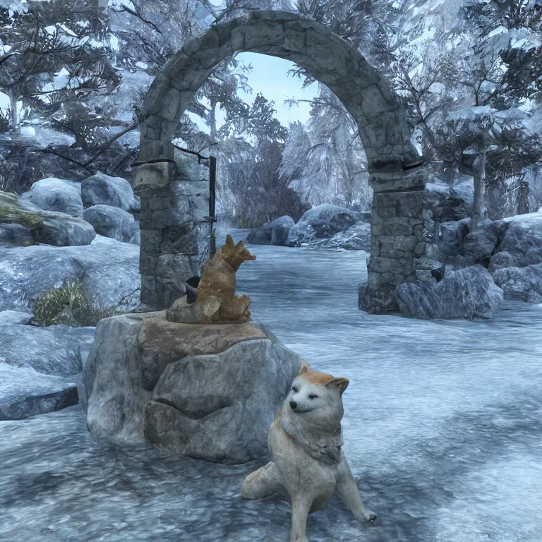 Prompt: an ancient and weathered stone shiba inu statue beside a frozen stream, underneath a nordic arch, skyrim pc screenshot