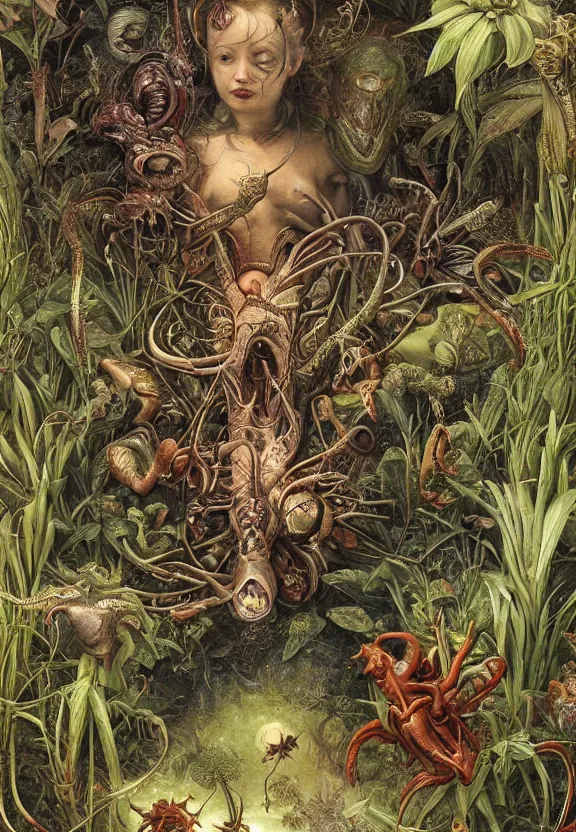 Image similar to simplicity, elegant, muscular animals, human babies, botany, orchids, radiating, colorful mandala, psychedelic, overgrown garden environment, by h. r. giger and esao andrews and maria sibylla merian eugene delacroix, gustave dore, thomas moran, pop art, biomechanical xenomorph, street art, saturated